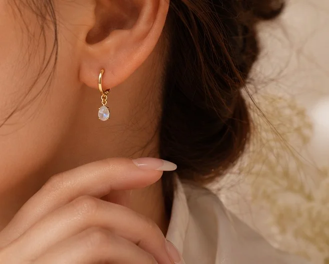 Gold Hoop Moonstone Crystal Drop Earrings